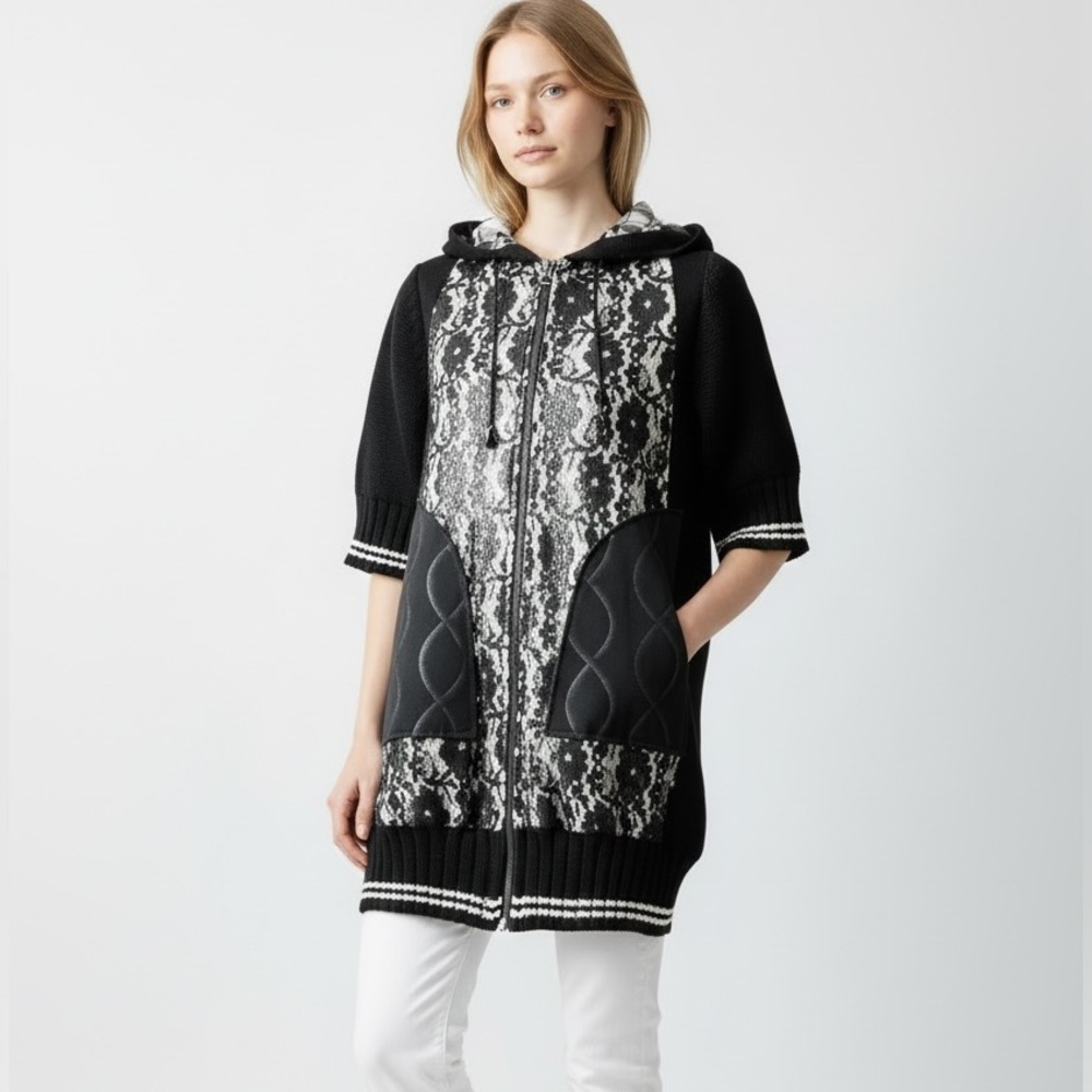 Black Patterned Hooded Bomber Jacket